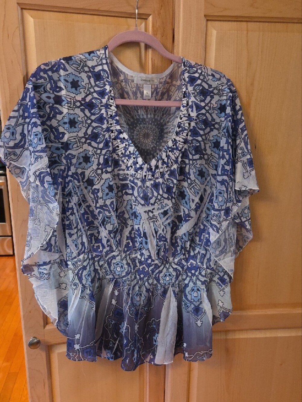 Dress Barn Boho Blue & Navy Flutter Sleeve Peasant Top